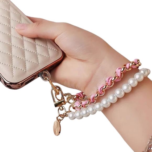 Camellia Pink Leather Pearl Mobile Phone Ring Anti-Theft Bracelet Lanyard - Picture 3 of 5